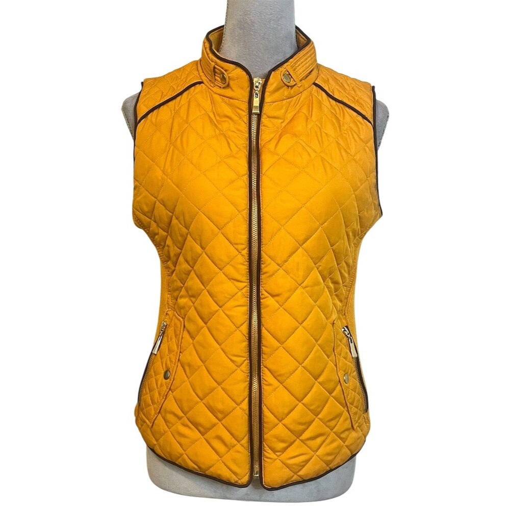 Active USA Quilted Puffer Vest M Mustard Yellow Full Zip Jacket Fall Sleeveless